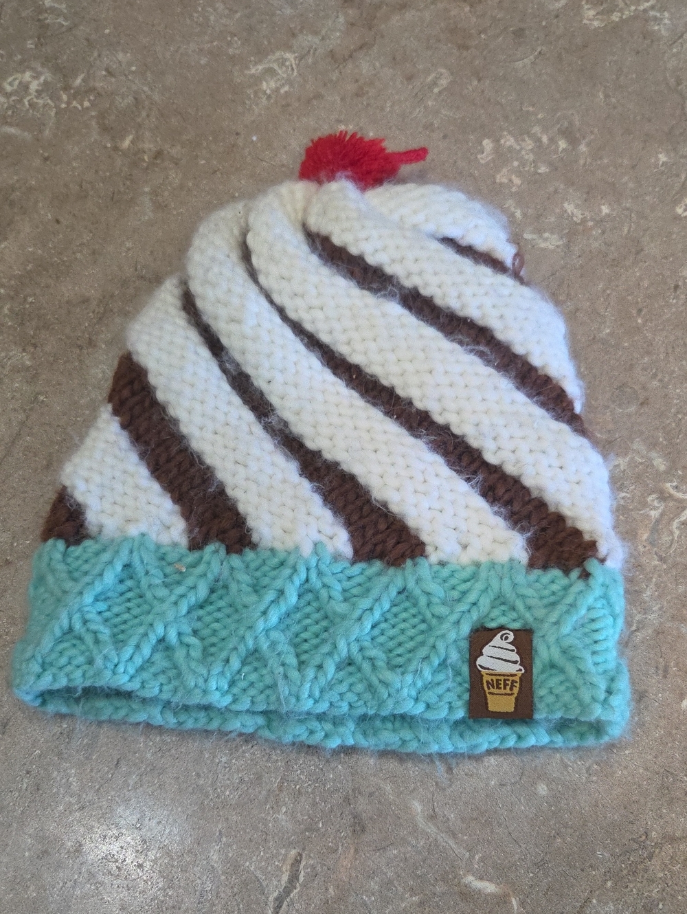 Neff Kids' Mint & Cream Striped Knit Beanie with Red Pom